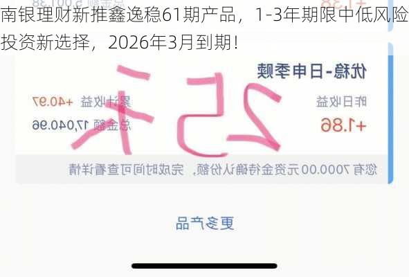 南银理财新推鑫逸稳61期产品，1-3年期限中低风险投资新选择，2026年3月到期！