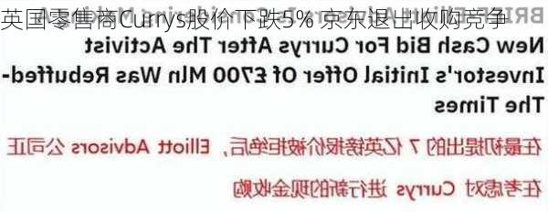 英国零售商Currys股价下跌5% 京东退出收购竞争