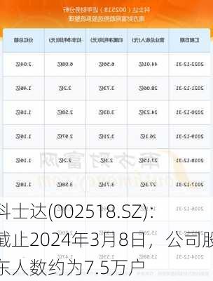 科士达(002518.SZ)：截止2024年3月8日，公司股东人数约为7.5万户