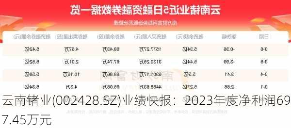 云南锗业(002428.SZ)业绩快报：2023年度净利润697.45万元