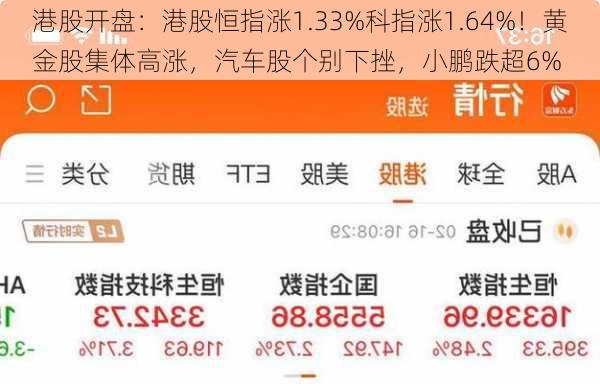 港股开盘：港股恒指涨1.33%科指涨1.64%！黄金股集体高涨，汽车股个别下挫，小鹏跌超6%