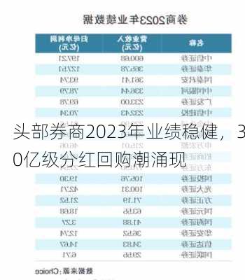 头部券商2023年业绩稳健，30亿级分红回购潮涌现