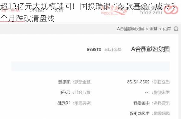 超13亿元大规模赎回！国投瑞银“爆款基金”成立3个月跌破清盘线