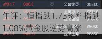 午评：恒指跌1.73% 科指跌1.08%黄金股逆势高涨