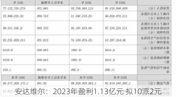 安达维尔：2023年盈利1.13亿元 拟10派2元