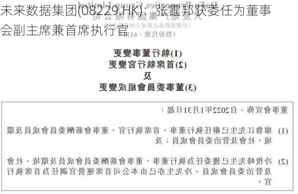 未来数据集团(08229.HK)：张霆邦获委任为董事会副主席兼首席执行官