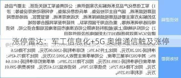 涨停雷达：军工信息化+5G 奥维通信触及涨停