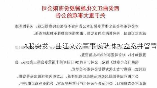 A股突发！曲江文旅董事长耿琳被立案并留置