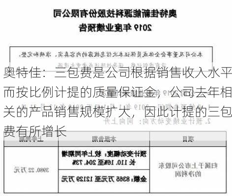 奥特佳：三包费是公司根据销售收入水平而按比例计提的质量保证金，公司去年相关的产品销售规模扩大，因此计提的三包费有所增长