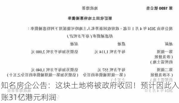 知名房企公告：这块土地将被政府收回！预计因此入账31亿港元利润