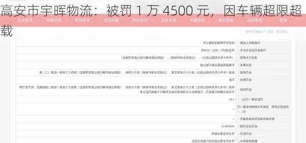 高安市宇晖物流：被罚 1 万 4500 元，因车辆超限超载