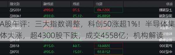 A股午评：三大指数调整，科创50涨超1%！半导体集体大涨，超4300股下跌，成交4558亿；机构解读