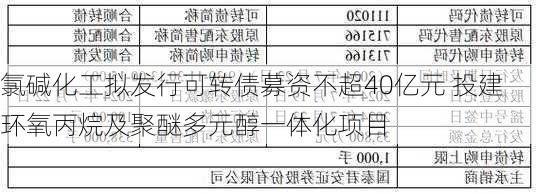 氯碱化工拟发行可转债募资不超40亿元 投建环氧丙烷及聚醚多元醇一体化项目