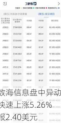 数海信息盘中异动 快速上涨5.26%报2.40美元