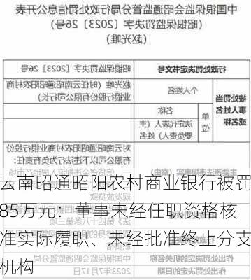 云南昭通昭阳农村商业银行被罚85万元：董事未经任职资格核准实际履职、未经批准终止分支机构