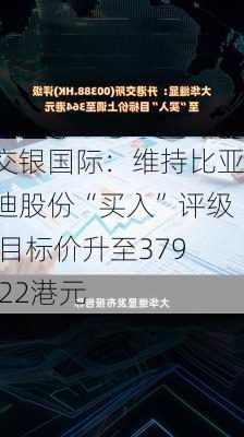 交银国际：维持比亚迪股份“买入”评级 目标价升至379.22港元