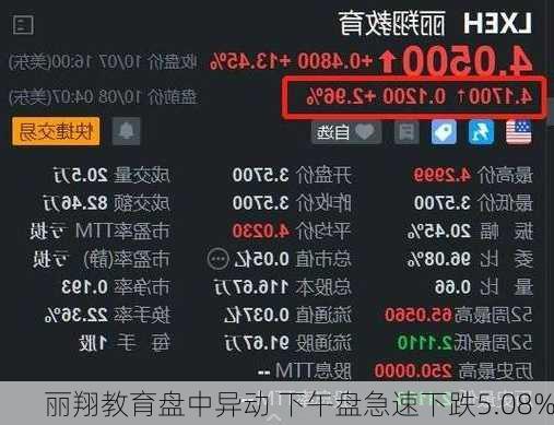 丽翔教育盘中异动 下午盘急速下跌5.08%